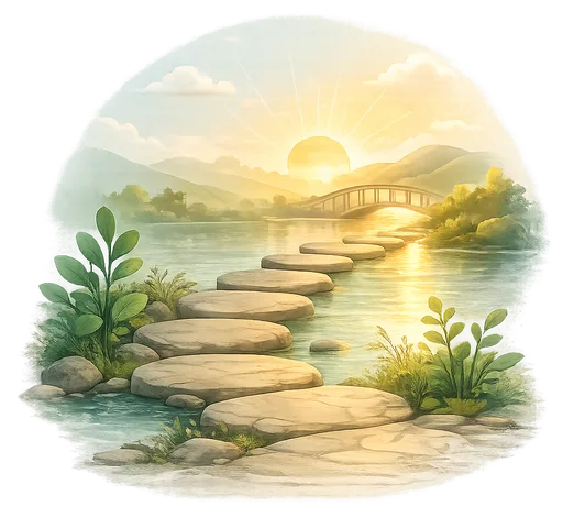 Ilustração de um caminho entre montanhas ao amanhecer